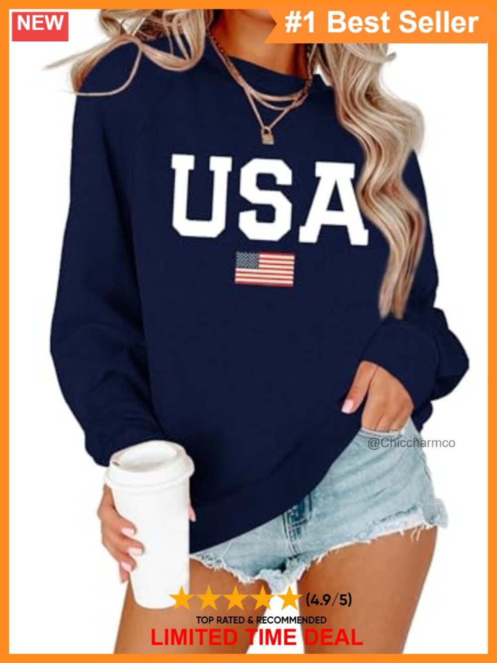 Women's Long Sleeve USA Flag Graphic Sweatshirt Crew Neck Loose Pullover